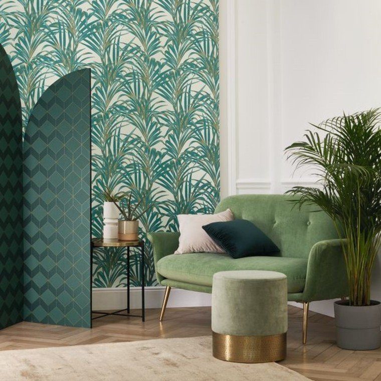 Bright Green Tropical wallpaper in a living room