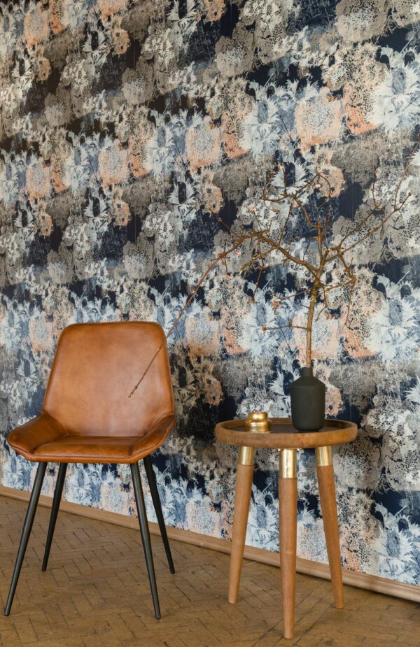 Living room with feature wall using Coruisk Ink Wallpaper by Mairi Helena