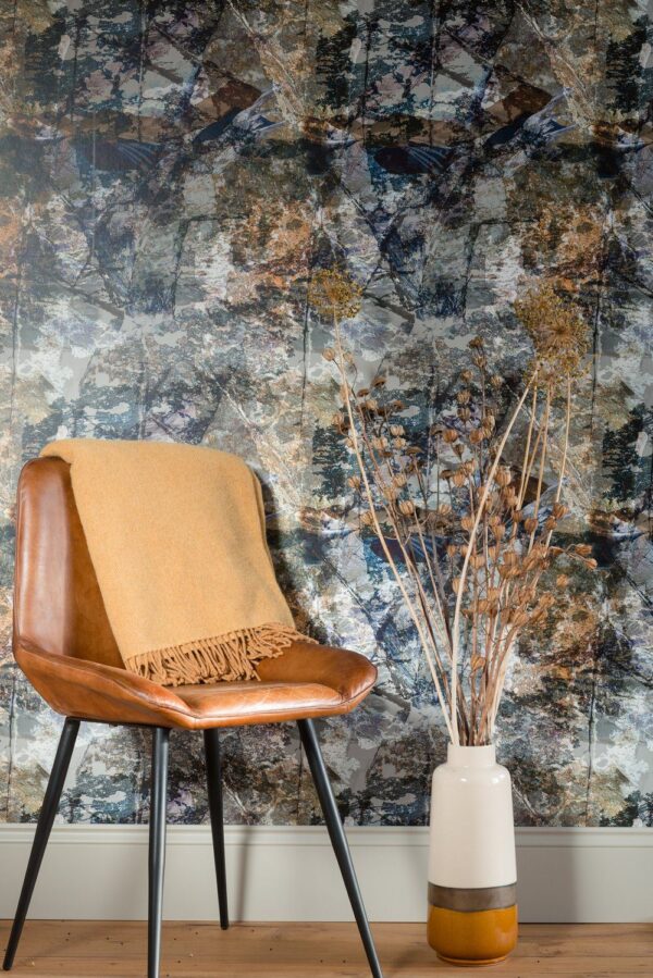 Cuillin Edge Wallpaper by Mairi Helena in a modern dining room