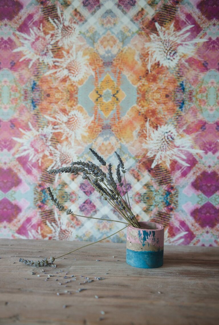 Fine Art Pink Thistle Wallpaper by Mairi Helena in a serene living room