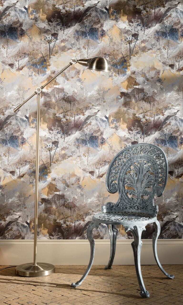 Close-Up Detail: "Close-up of Spirit of Munro wallpaper showcasing textured patterns and earthy tones inspired by the Scottish Highlands."