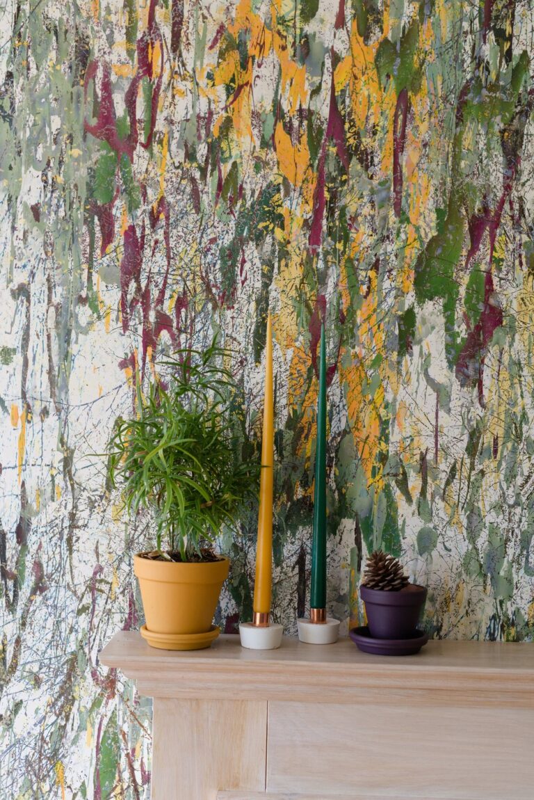 Room Setting: "Living room styled with Reed Dance wallpaper, creating a calming, nature-inspired atmosphere with light furnishings."