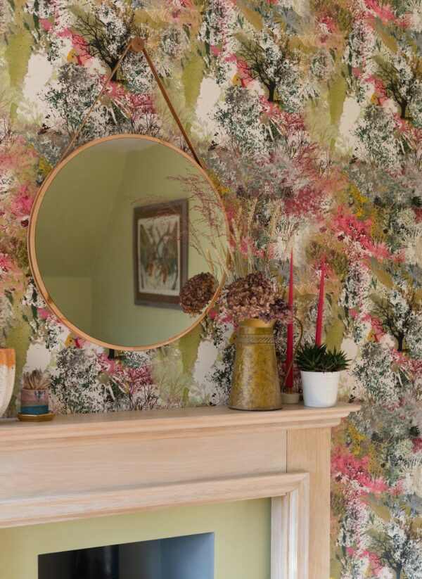 Main Image: "Summer Isle wallpaper by Mairi Helena featuring delicate wildflowers and grasses in warm, soft tones of cream and blue."