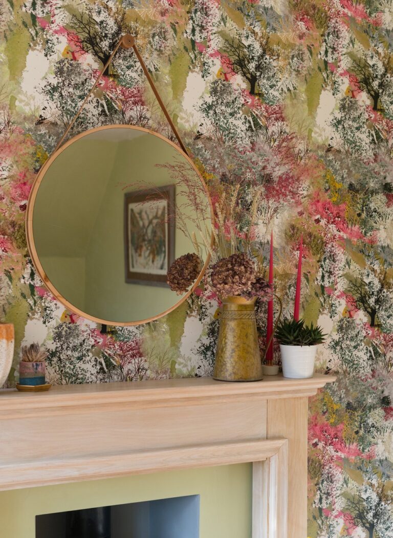 Main Image: "Summer Isle wallpaper by Mairi Helena featuring delicate wildflowers and grasses in warm, soft tones of cream and blue."