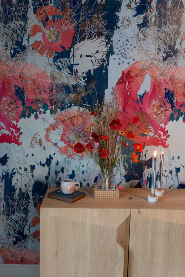 Main Image: "Poppy Cloud wallpaper by Mairi Helena featuring soft red poppies and pastel cloud-like patterns."
