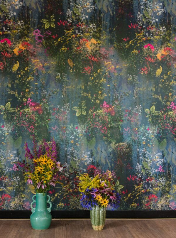 Close-Up Detail: "Close-up of Rainfall Blooms wallpaper showing intricate floral design with soft green, blue, and yellow hues.
