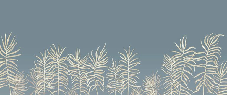 Blue and cream mural of leaves and foliage close up