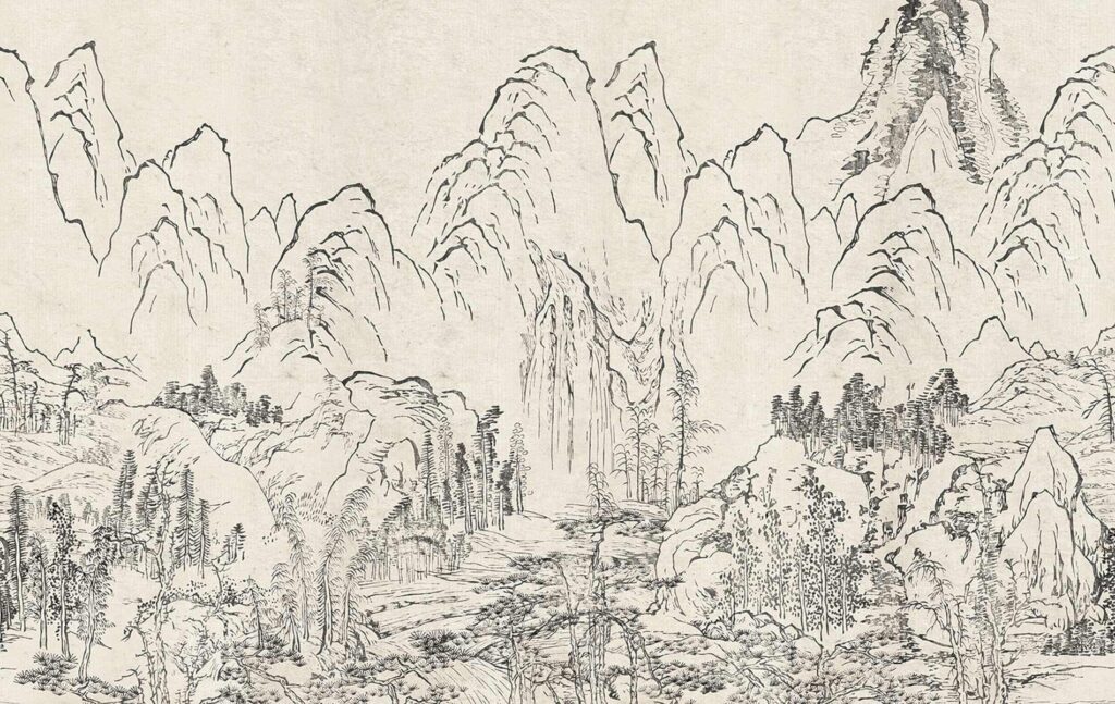 wallpaper mural in muted off white and grey colours depicting a japonese mountain scene
