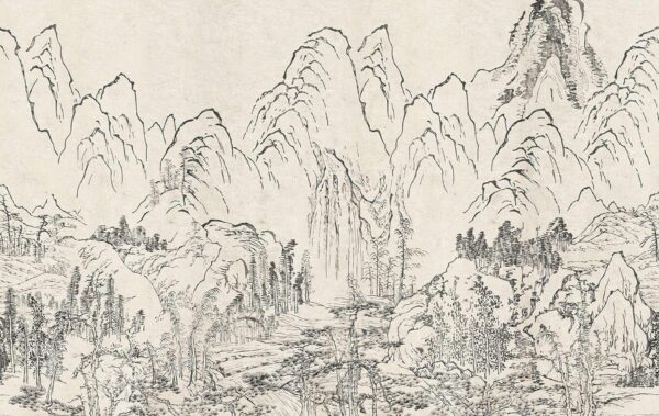 wallpaper mural in muted off white and grey colours depicting a japonese mountain scene