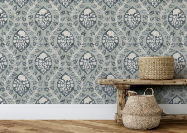 Esselle Home - Floral Cartouche Slate Blue Wallpaper - Image 4