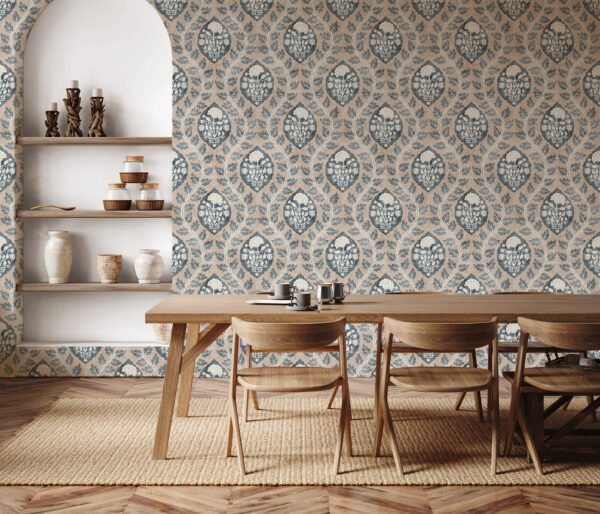 Esselle Home - Floral Cartouche Stone Blue Wallpaper - Image 2