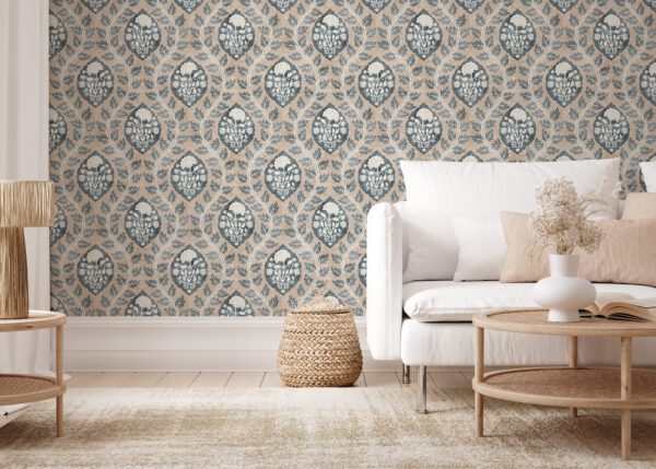 Esselle Home - Floral Cartouche Stone Blue Wallpaper - Image 5