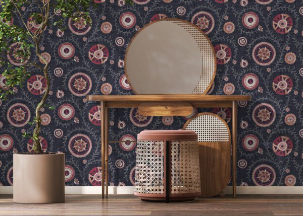 Navy and pink wallpaper in a bedroom