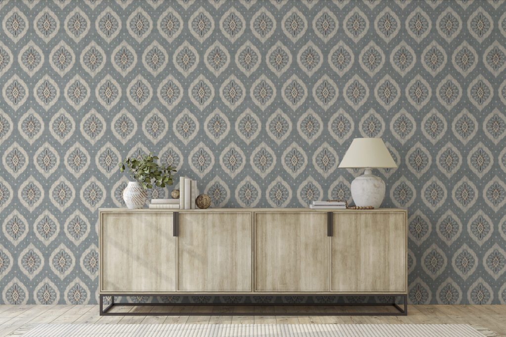 Odina Ikat soft blue wallpaper on a feture wall in a dining room