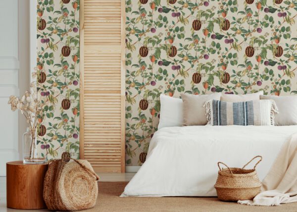 Botanical wallpaper on a feature wall in a bedroom