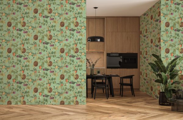 Tropic House Sage Wallpaper in a dining room