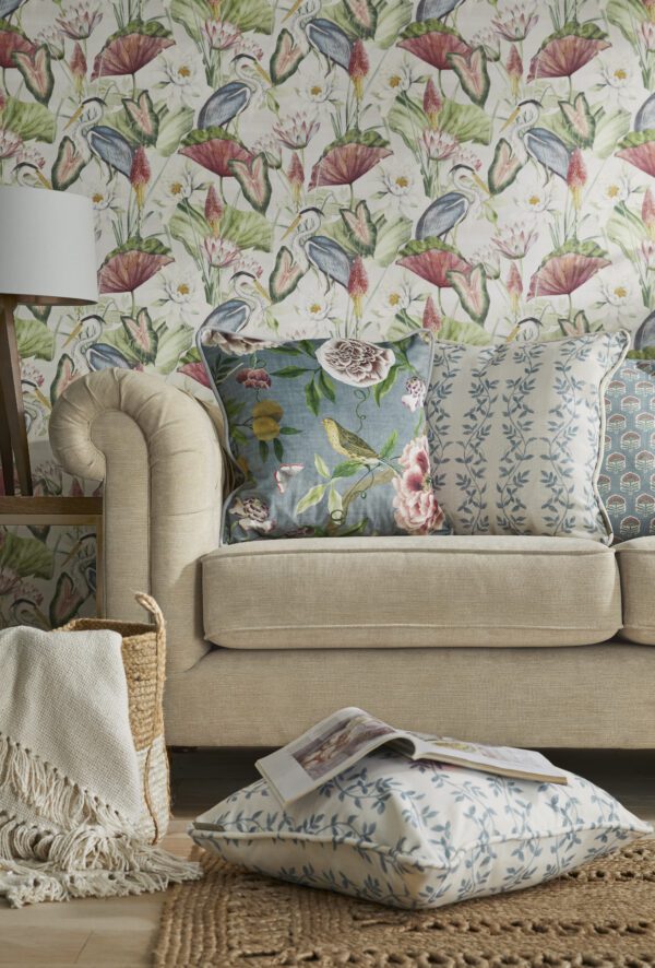 Floral green and pink wallpaper in a livingroom