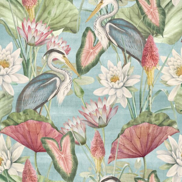 Colourful wallpaper with storks and water lillies