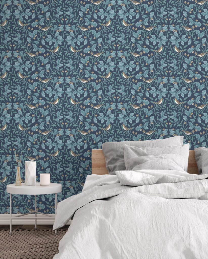 Navy wallpaper featuring delicate woodland songbirds and floral designs, creating a timeless and elegant look from Esselle Home's RHS collection.