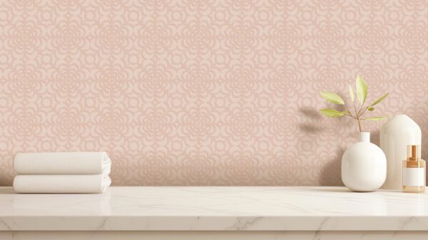 Esselle Home RHS Dandy Floral Blush Wallpaper in a bathroom