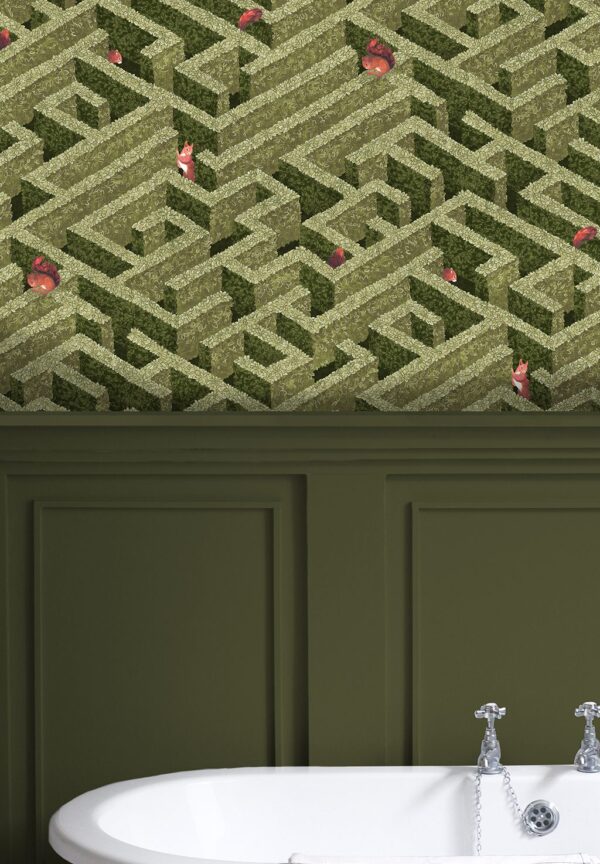 Josephine Munsey Portfolio 1 - Labyrinth with Squirrels Wallpaper - Olive - Image 4