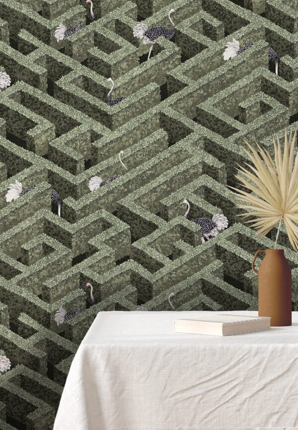 Josephine Munsey Portfolio 1 - Labyrinth with Ostriches Wallpaper - Eucalyptus - Image 3