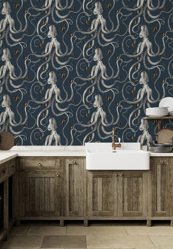 Funky octopus dark blue and white wallpaper in a bathroom