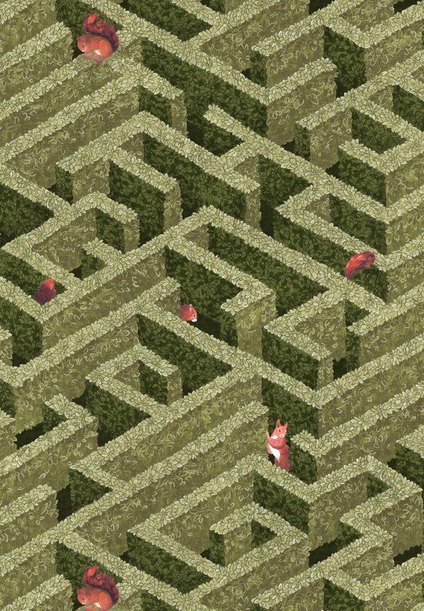 Josephine Munsey Portfolio 1 - Labyrinth with Squirrels Wallpaper - Olive
